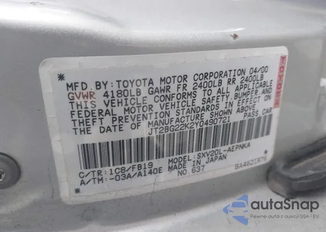 2000 Toyota Camry Le из США, поврежденный, VIN JT2BG22K2Y0490721